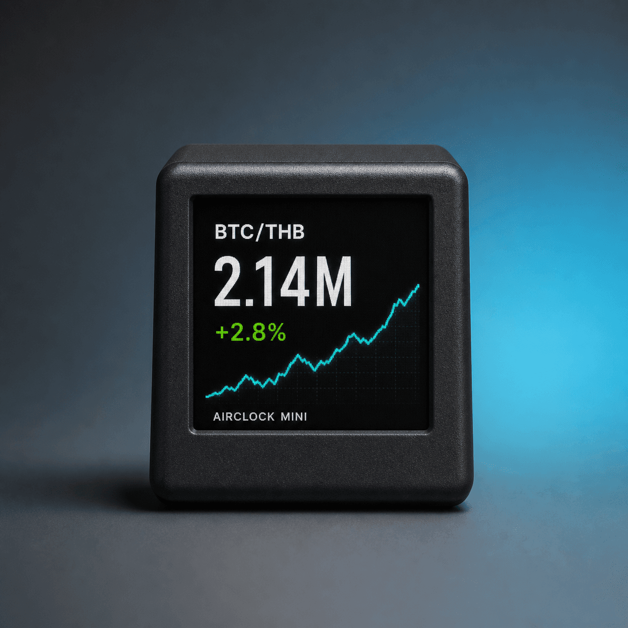 Airclock Mini แสดงราคา BTC THB และกราฟบนโต๊ะ