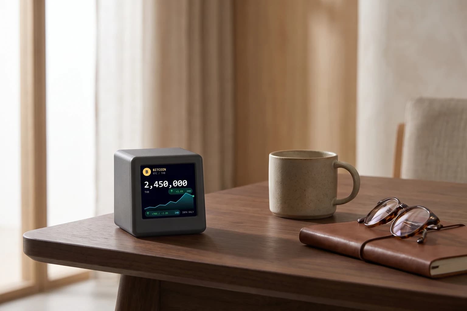 โต๊ะทำงานพร้อมจอเล็กแสดงราคา Bitcoin เป็นเงินบาทและกราฟแนวโน้มราคา