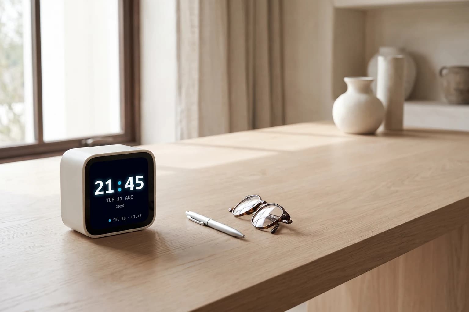 AirClock Mini บนโต๊ะทำงานมินิมอล