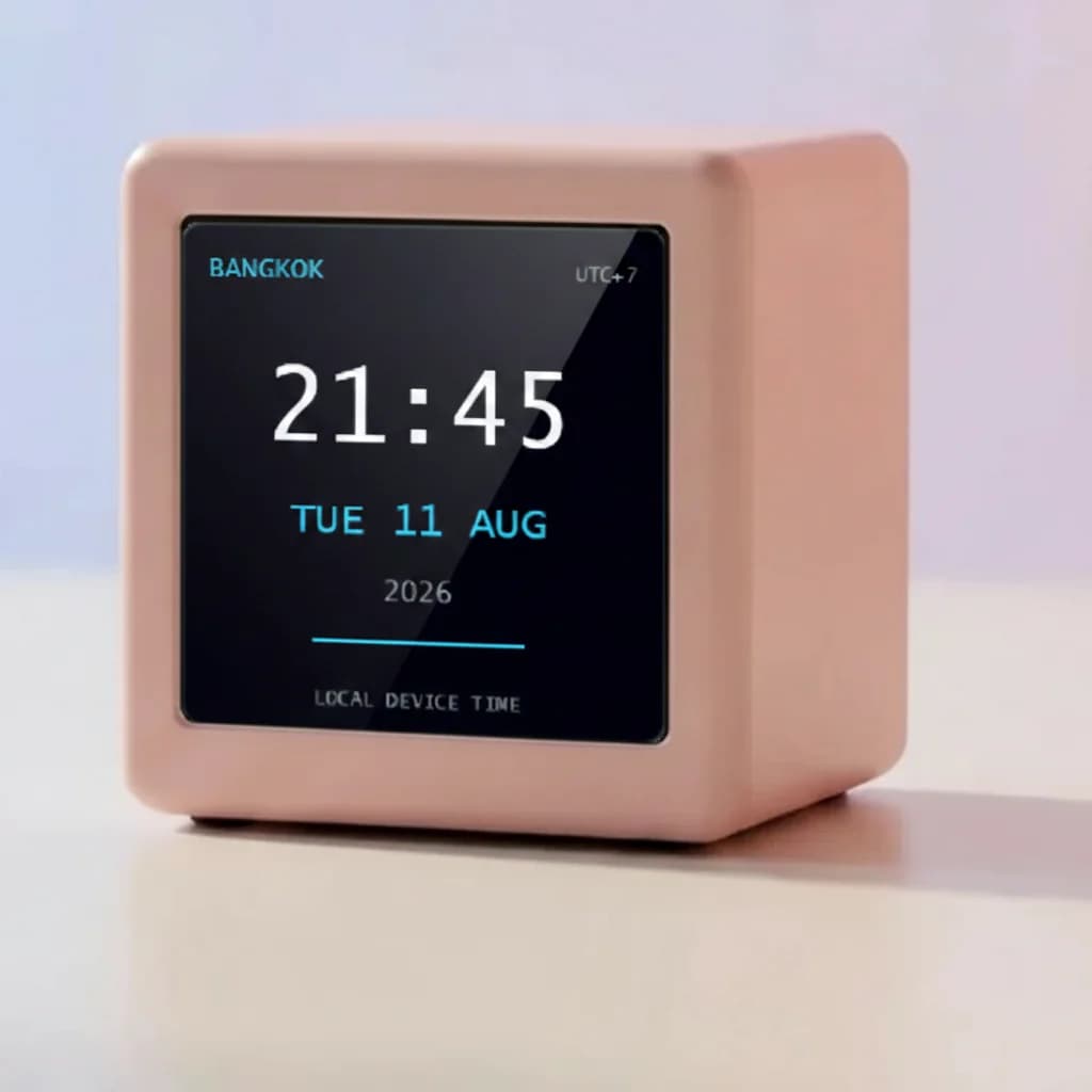 AirClock Mini นาฬิกาตั้งโต๊ะอัจฉริยะ ตัวเครื่องสีชมพูวางบนโต๊ะ หน้าจอแสดงเวลา